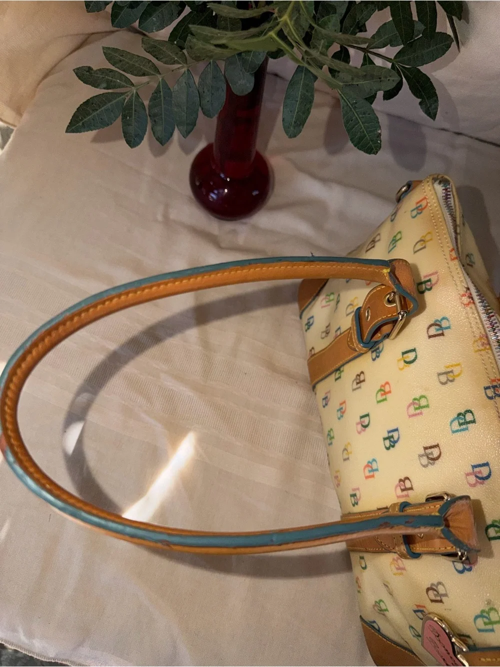 Dooney & Bourke Cream Multicolor DB Logo Satchel with Tan Trim